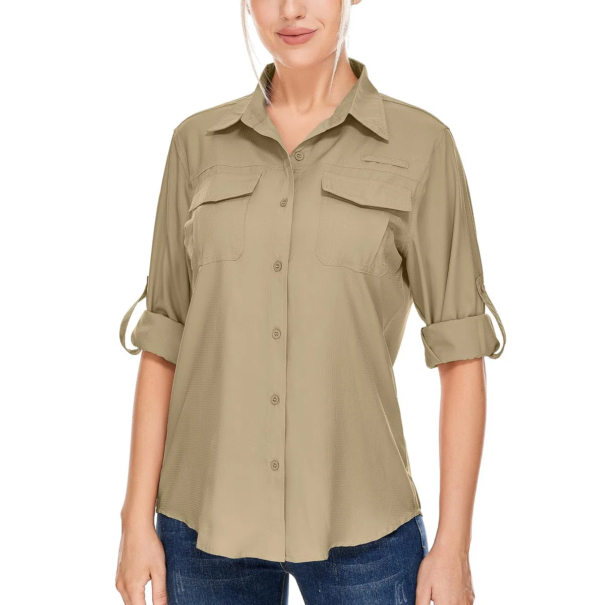 Chemise de soleil safari pour femme UPF 50+ Protection solaire UV à manches longues Séchage rapide Pour la pêche, la randonnée, le jardinage