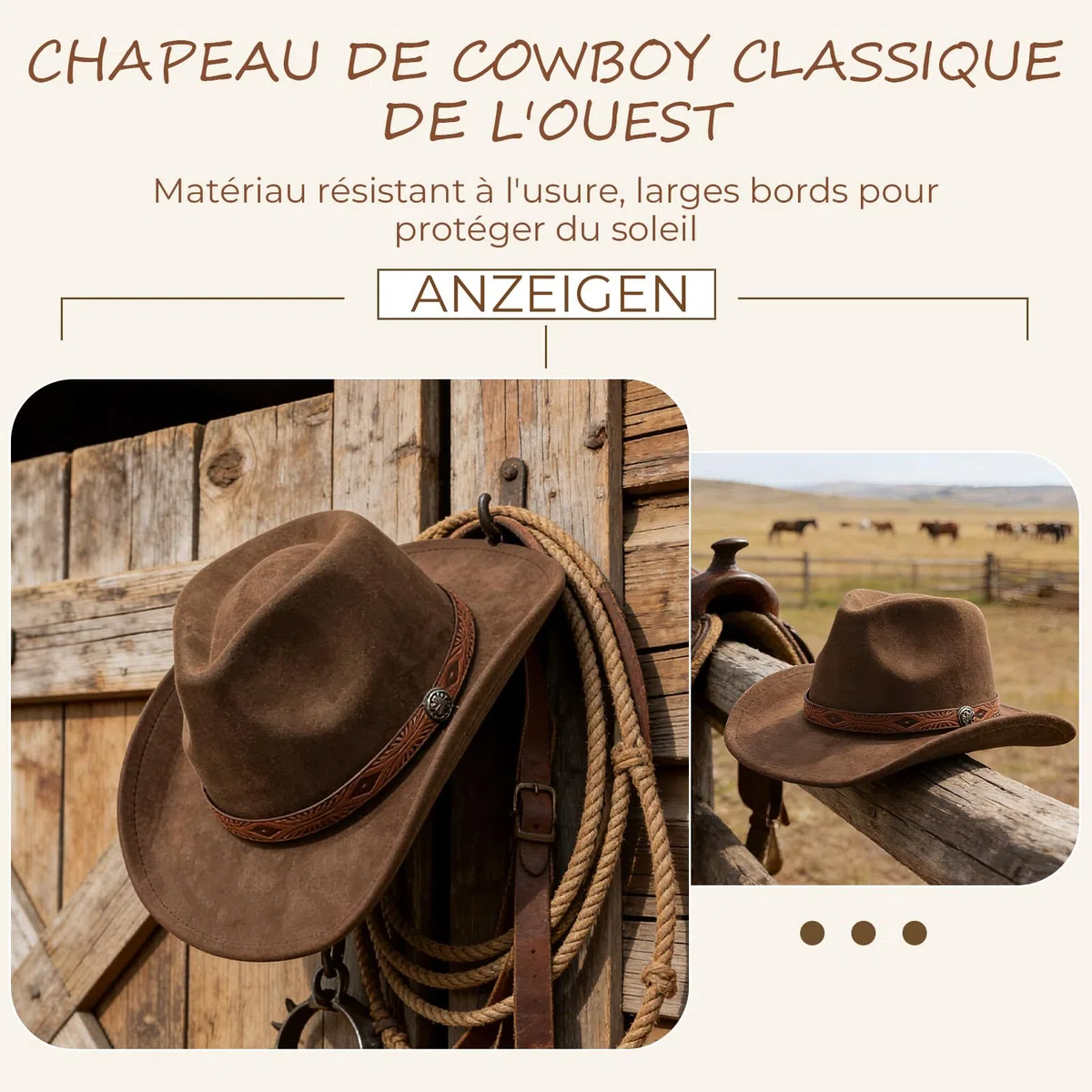 Chapeau Western en Daim Denim Unisexe, Chapeau de Cowboy à Large Bord, idéal pour la décoration DIY (Marron)