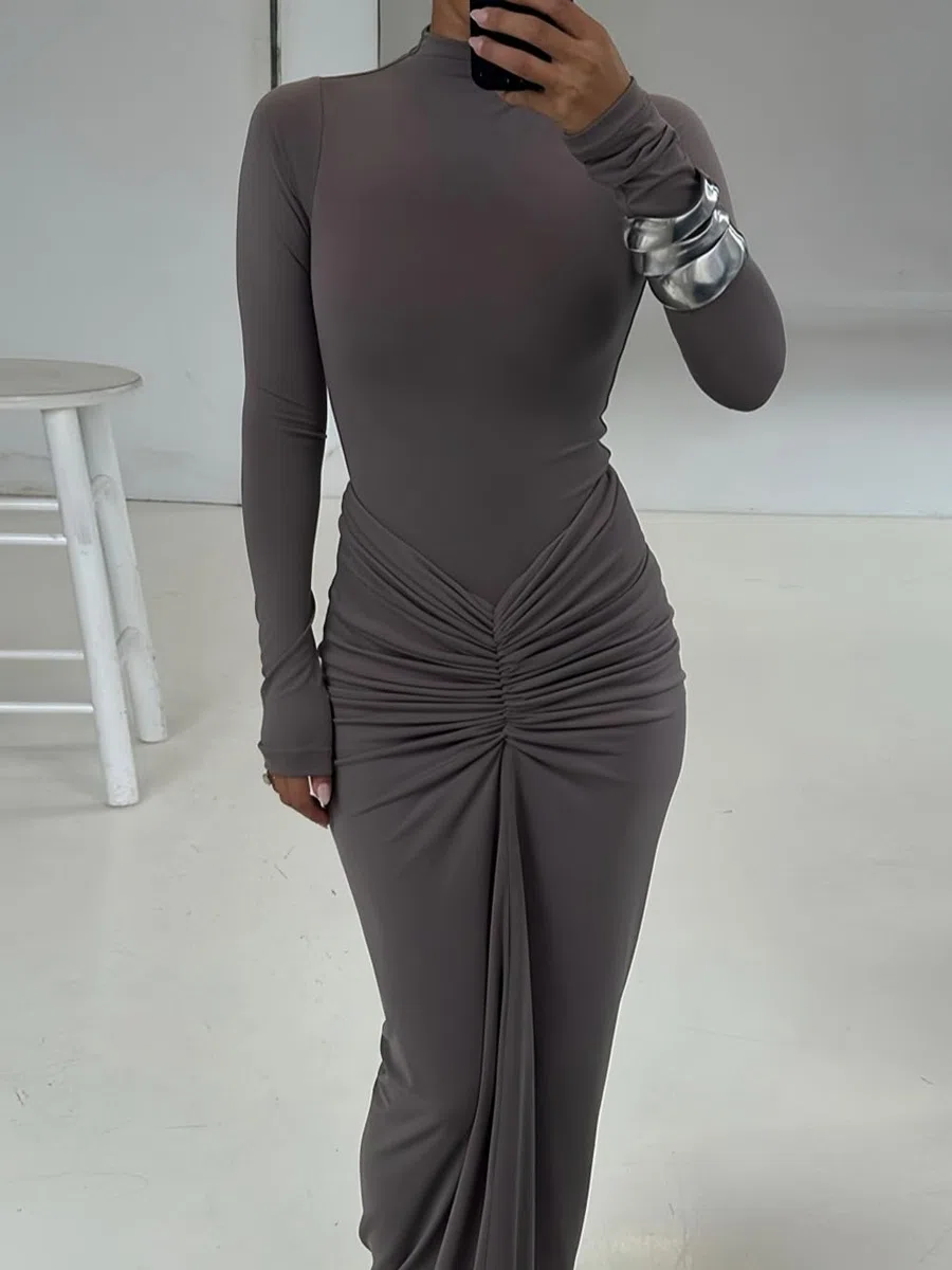 Robe Femme Élégante Maxi Robes Moulante Col Montant Manches Longues Sexy Slim Froncée Robe Longue Automne Hiver Tendance Robes Crayon de Soirée Cocktail Clubbing Mariage Casual Streetwear