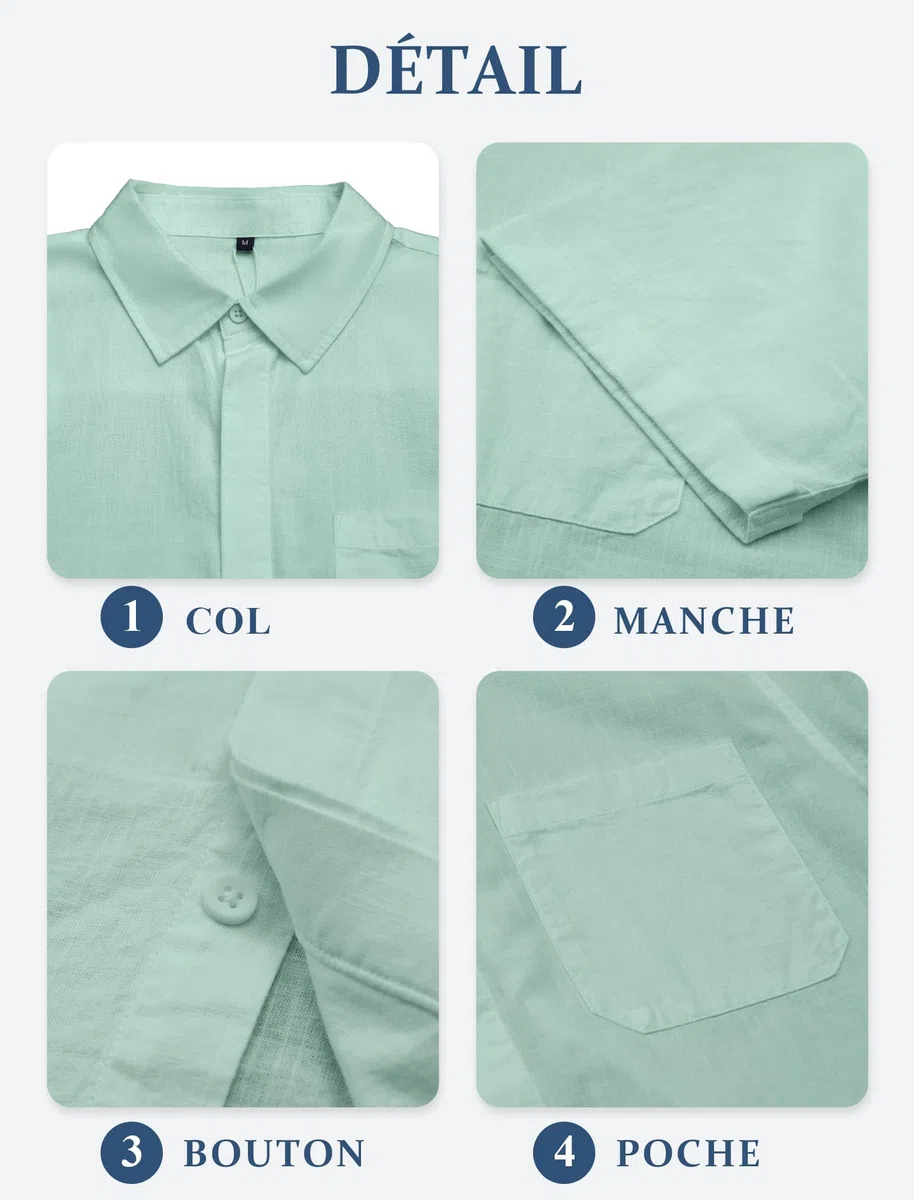 Friptspyg Chemise en Coton et Lin à Manches Courtes pour Homme avec Poche Et Boutons Cachés Idéale pour Un Usage Quotidien Casual Ou à La Plage