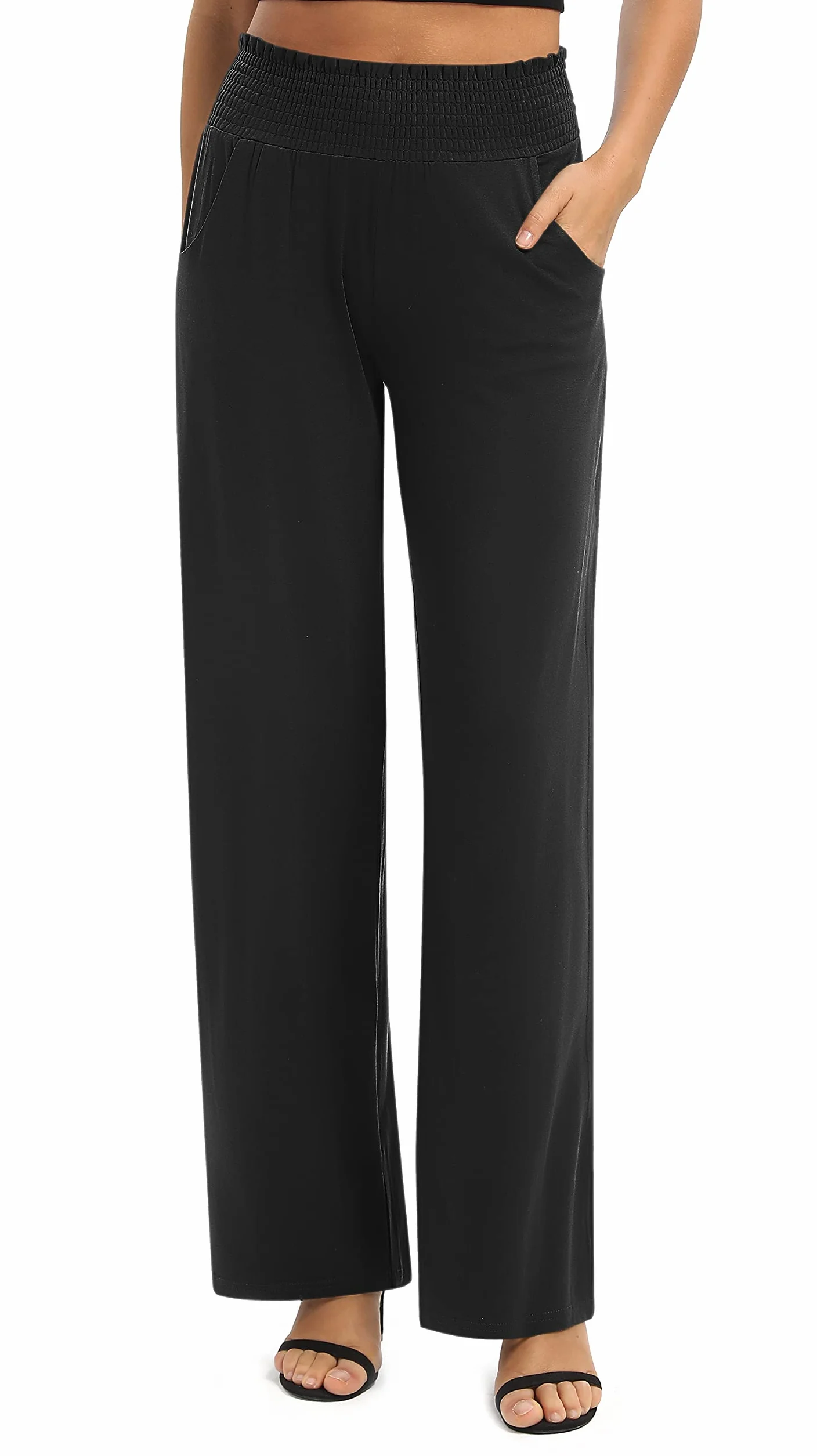 EXCHIC Femmes Solide Ample Jambe Droite Palazzo Pantalon Taille Haute Extensible Décontractés Pantalon avec Poches