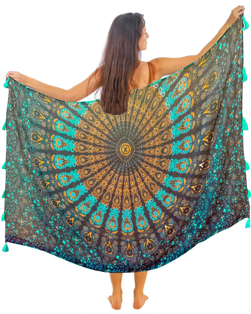 Pareo Sarong Mandala Bohème avec Pompons – Coton Ultra Doux et Léger, Grand Motif Paon Indien, Cache-Maillot Bikini
