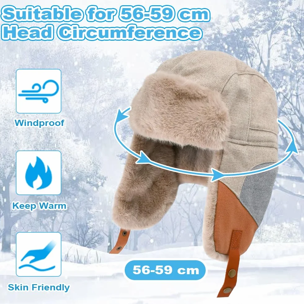 NAROSEBE Chapeau de Trappeur Coupe-Vent, Chapka Fourrure Avec Cache Oreilles, Bonnet Russe, Chaud Anti-Froid Pour Homme, Ski, Cyclisme, Camping, Pêche