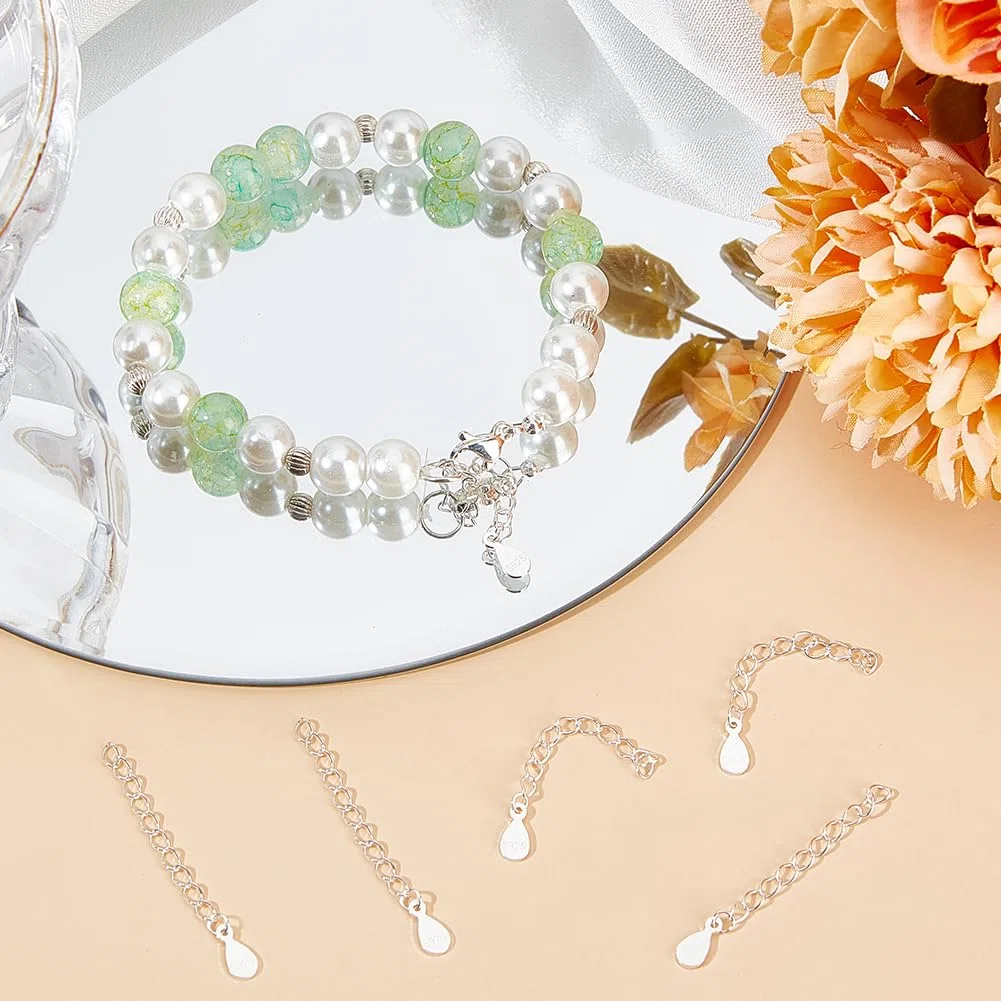 Beebeecraft 1 boîte de 10 pièces de 925 rallonges de Chaîne en Argent Sterling pour Collier Bracelet Chaînes D'Extrémité D'Extension avec Languettes de Chaîne en Forme de Larme Tampon S925 pour la