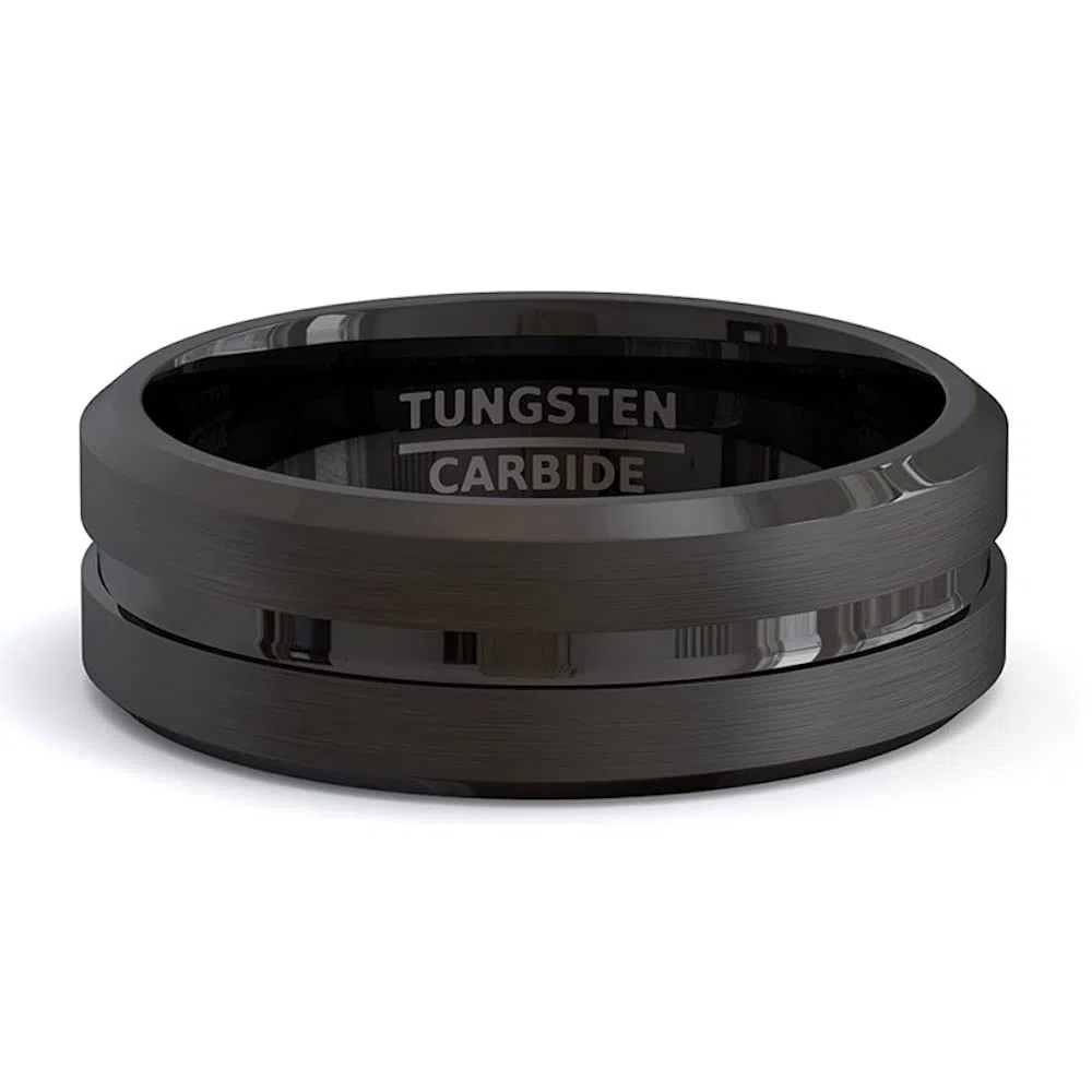 ZENSE - Bague homme en acier noir mat avec rainure ZR0170