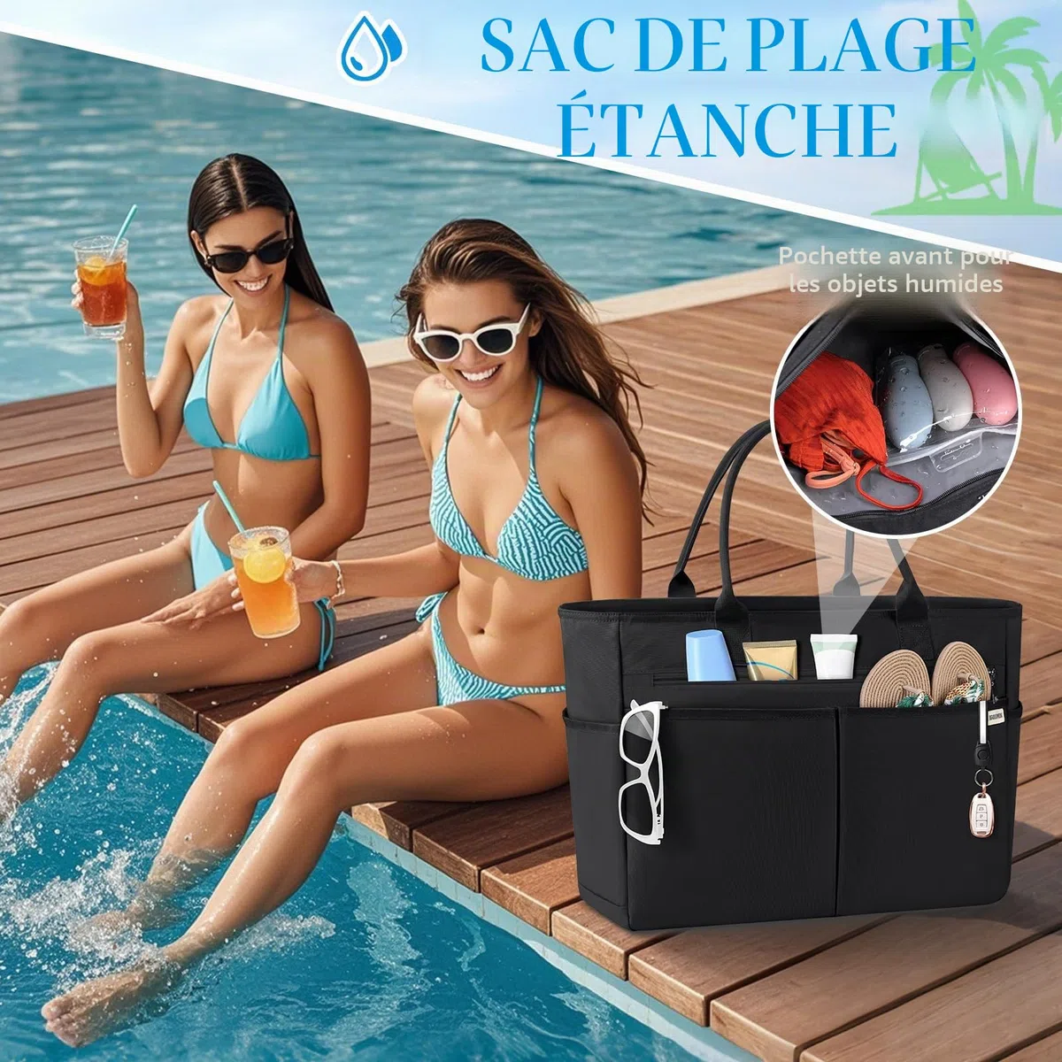 IGOLUMON Grand Sac de Plage Femme XXL 40L Sac Cabas Plage avec Fermeture Éclair Imperméable Tote Bag Pliable Grande Capacité Sac Shopping pour Plage Voyages Gym Piscine Noir