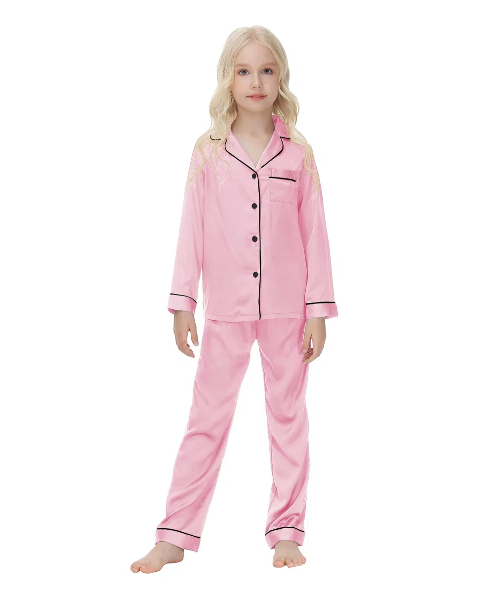 Verve Jelly Enfants Bébé Fille Garçon Satin Pyjama Ensemble À Manches Longues Hauts Boutonnés Pyjama Chemise + Pantalon Long Bas Pantalon Vêtements De Nuit Tenues