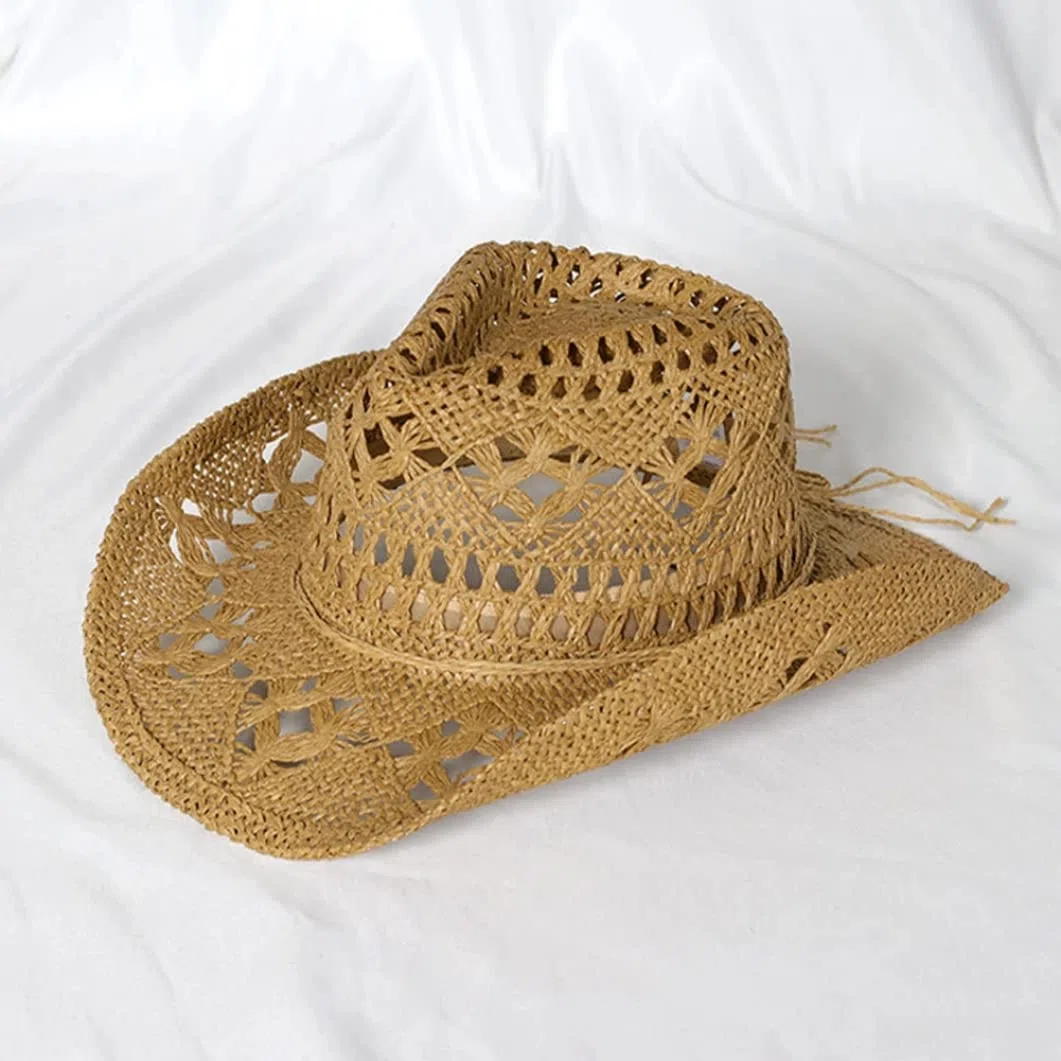 Chapeau de Cowgirl Marron, Chapeau de Cowboy en Paille Unisexe Tricoté à la Main Respirant Western Cowgirl Design Creux à Large Bord Soleil pour L'été en Plein Air Fête Plage Femmes Hommes, Tan Co