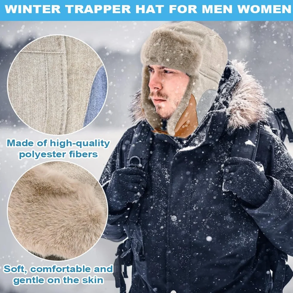 NAROSEBE Chapeau de Trappeur Coupe-Vent, Chapka Fourrure Avec Cache Oreilles, Bonnet Russe, Chaud Anti-Froid Pour Homme, Ski, Cyclisme, Camping, Pêche