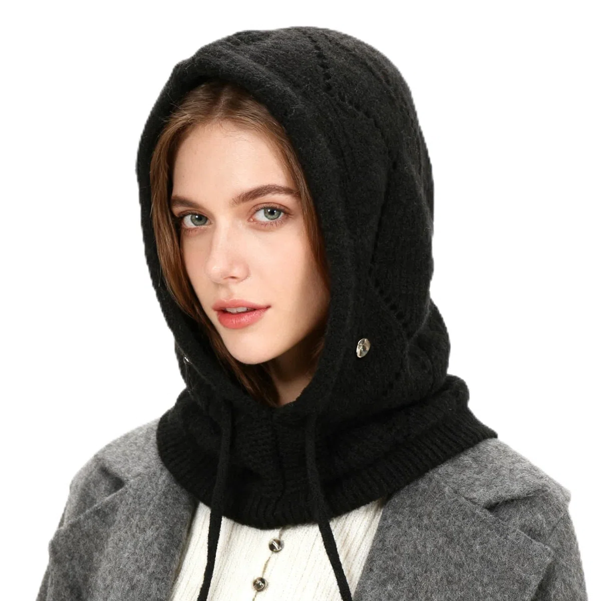 Femme Bonnets et Écharpes Tricotés d'hiver, 2 en 1 Chaude Coupe-Vent Réglable Cagoule avec Écharpe à Capuche, Élastiques Chapeaux Masque en Laine pour Sports de Plein Air Courses Quotidiennes