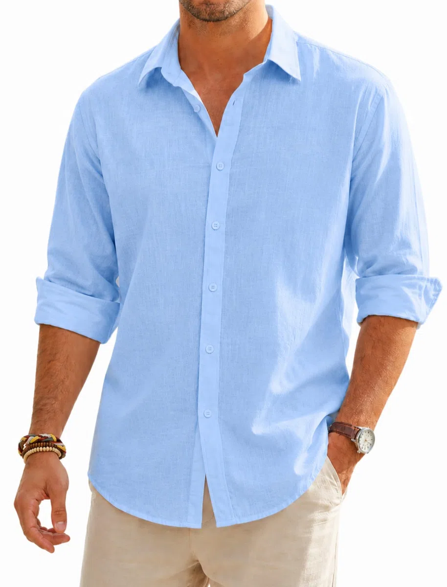 Chemise Homme Manches Longues, Chemise Décontractée Lin-Coton, Coupe Standard, Haut Décontracté d'affaires Casual, Idéale pour Vacances Plage Été