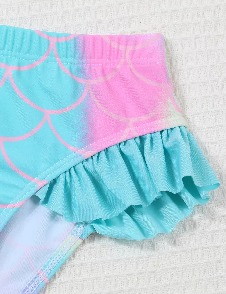 Maillot de Bain à Manches Longues pour Filles Maillot de Bain à Volants Protection Solaire UV Maillot de Bain 2 pièces pour l'été 3-10 Ans