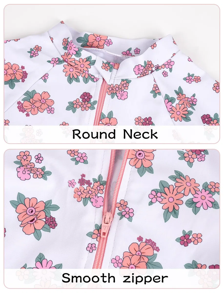 Happy Cherry Maillot de Bain Une Pièce Bébé Fille 0-3 Ans Rashguard Anti-UV à Manches Longues avec Chapeau à Volant Imprimé Floral