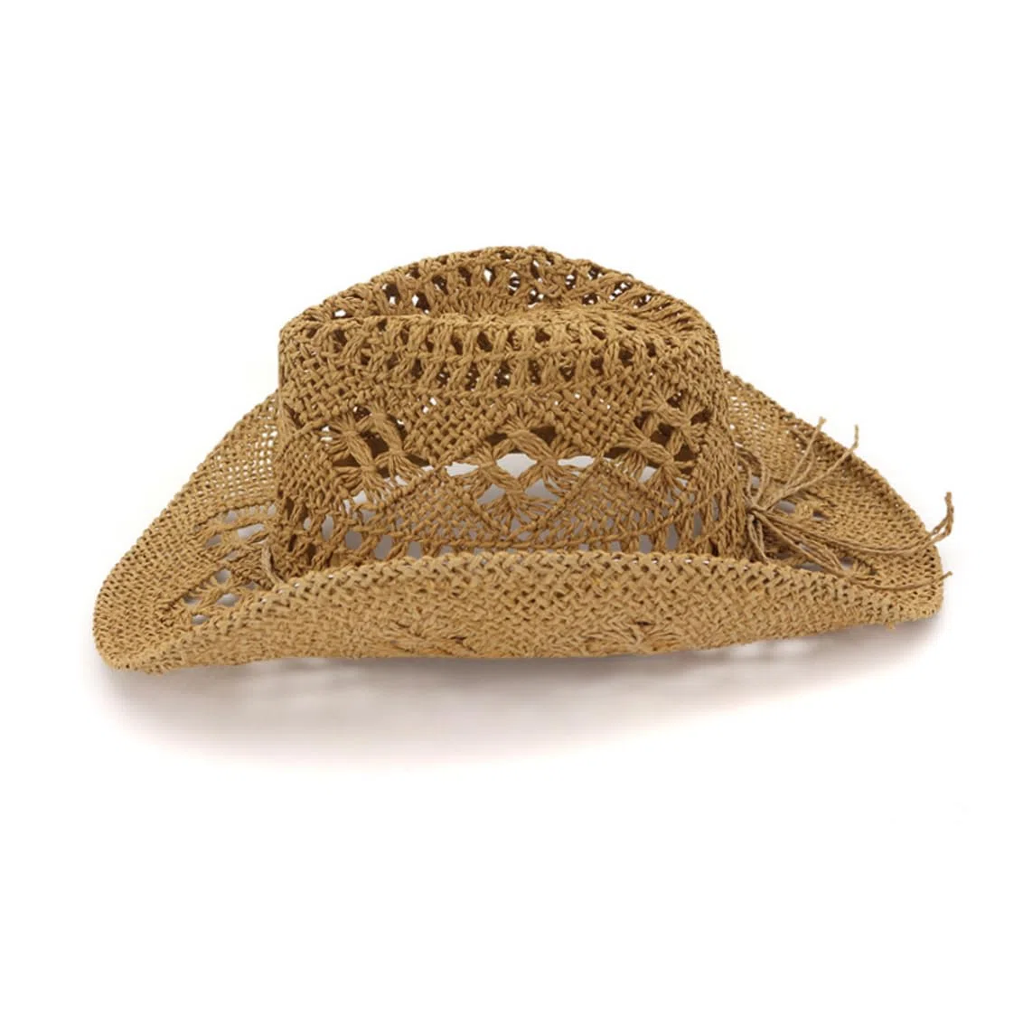 Chapeau de Cowgirl Marron, Chapeau de Cowboy en Paille Unisexe Tricoté à la Main Respirant Western Cowgirl Design Creux à Large Bord Soleil pour L'été en Plein Air Fête Plage Femmes Hommes, Tan Co