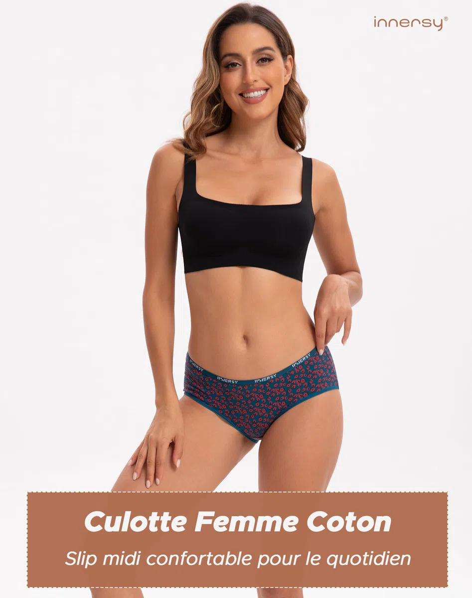 INNERSY Culotte Femme Coton Stretch Taille Basse sous-vêtements Douce Bikini Slips Sport Lot de 6