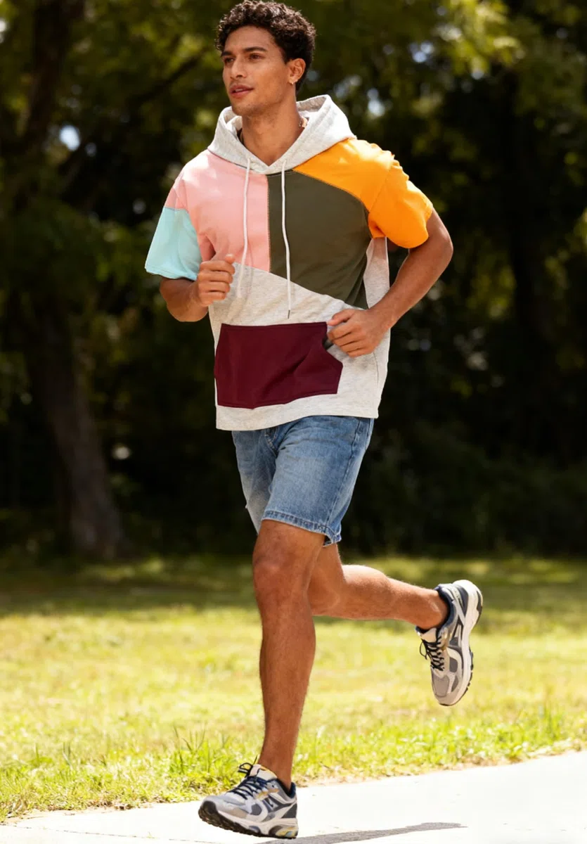 Sweat Manche Courte Homme Coton Tee Shirt à Capuche Color Block Pull à Capuche L'été Hoodie
