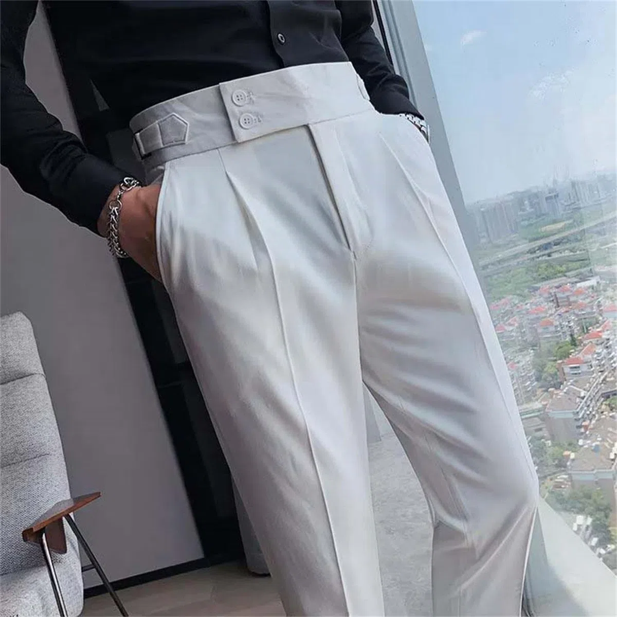 Slim Fit Small Foot Taille Haute Uni Pantalon de costume d'affaires avec jambe droite