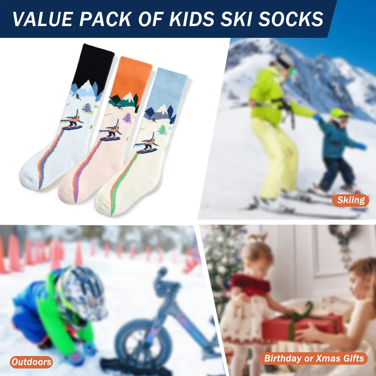 Lot de 3 paires de chaussettes de ski pour enfants - Chaussettes chaudes en coton épais - Chaussettes longues thermiques pour garçons