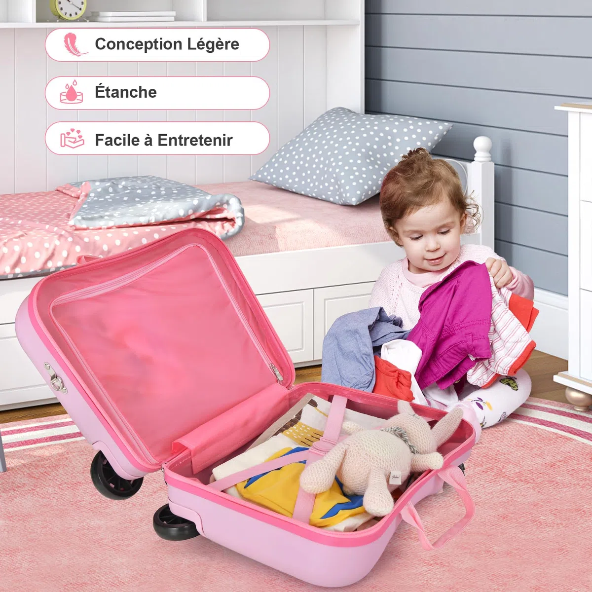 COSTWAY Valise Enfants à roulettes 18” avec Sac à Dos 12”, Bagages à Main pour Voyage avec Roues Coque Imperméable Poignée Rétractable pour Enfants de 3 Ans+ Charge 50KG+8KG (Rose Licorne)