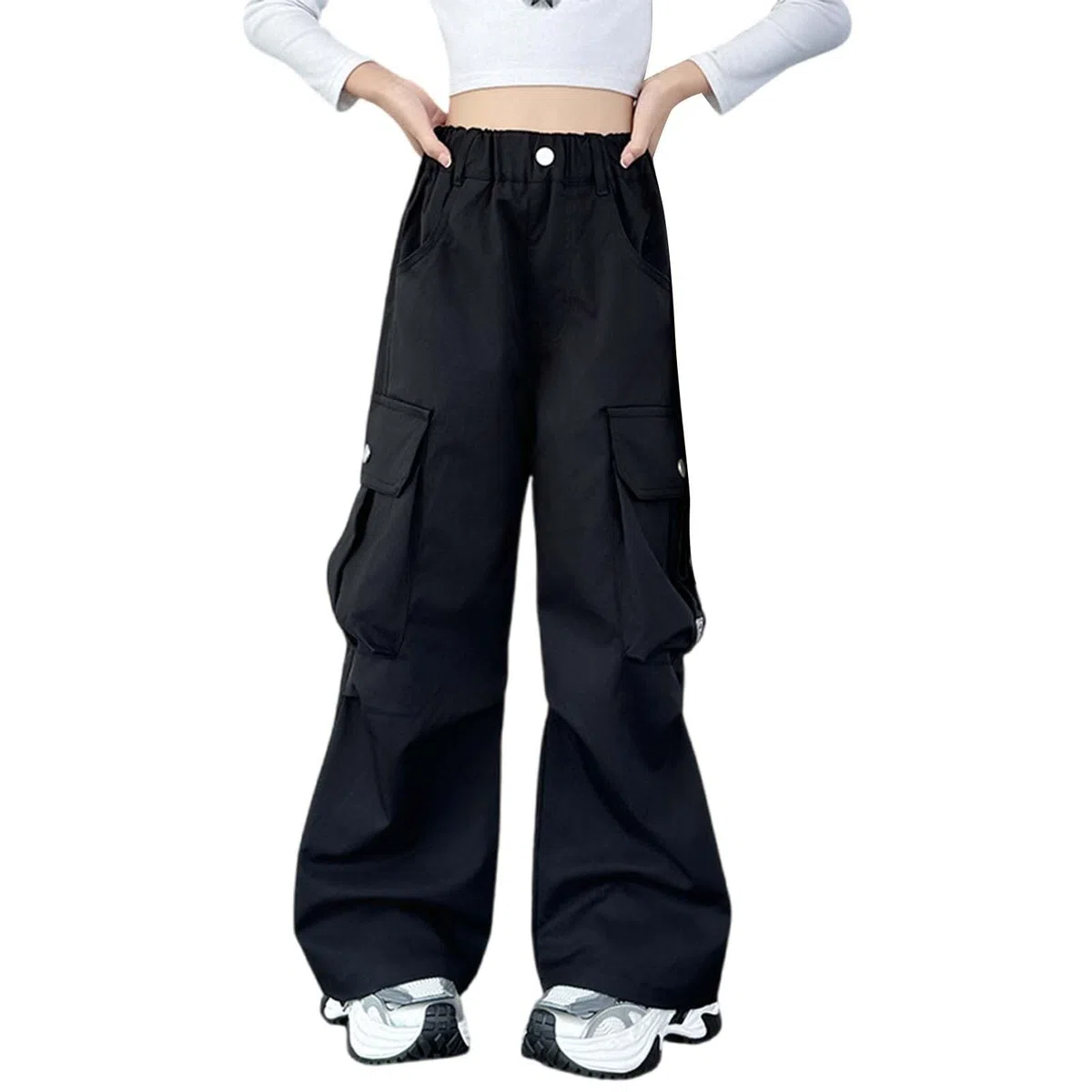 Pantalon cargo à jambe large avec poches pour filles - Taille élastique - Pantalon d'école tendance - Taille haute - Droit - Ample - Style hip-hop uni, Noir , 12-13 ans