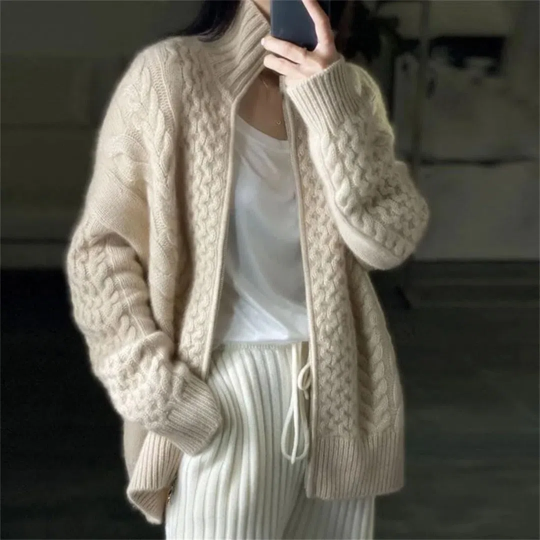 Cardigan Tricoté en Cachemire À Col Roulé pour Femme, Pull en Laine Ample, Grande Taille, Haut De Veste