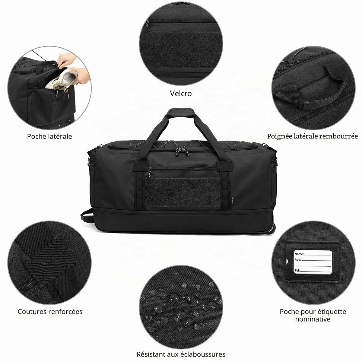 Laripwit Sac de Voyage Pliable à roulettes XXL 130-170L Extensible Sac de Sport avec roulettes 36'' Extra Large Sac à Bagages Souple avec Poignées Multiples, Noir