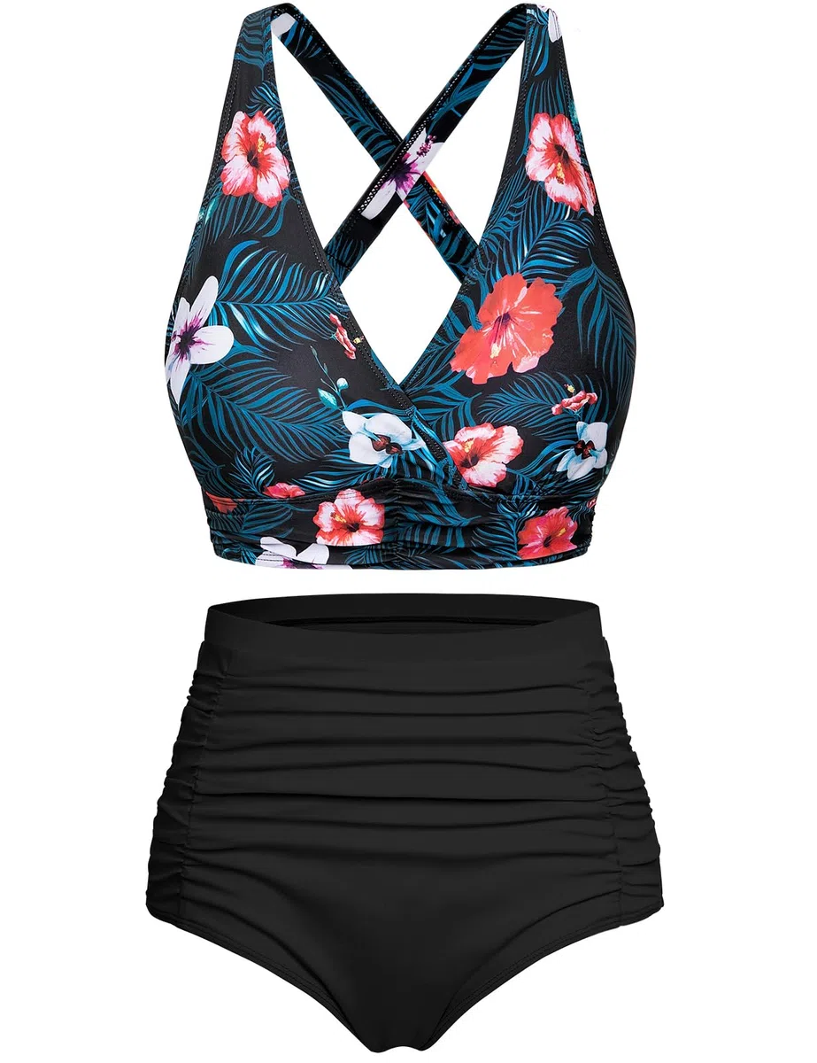Svanco Maillots de Bain Femme Deux Pièces Gainant Ventre Plat Taille Haute Ensembles avec Attaches Bikini Set Push Up Col V Élégant