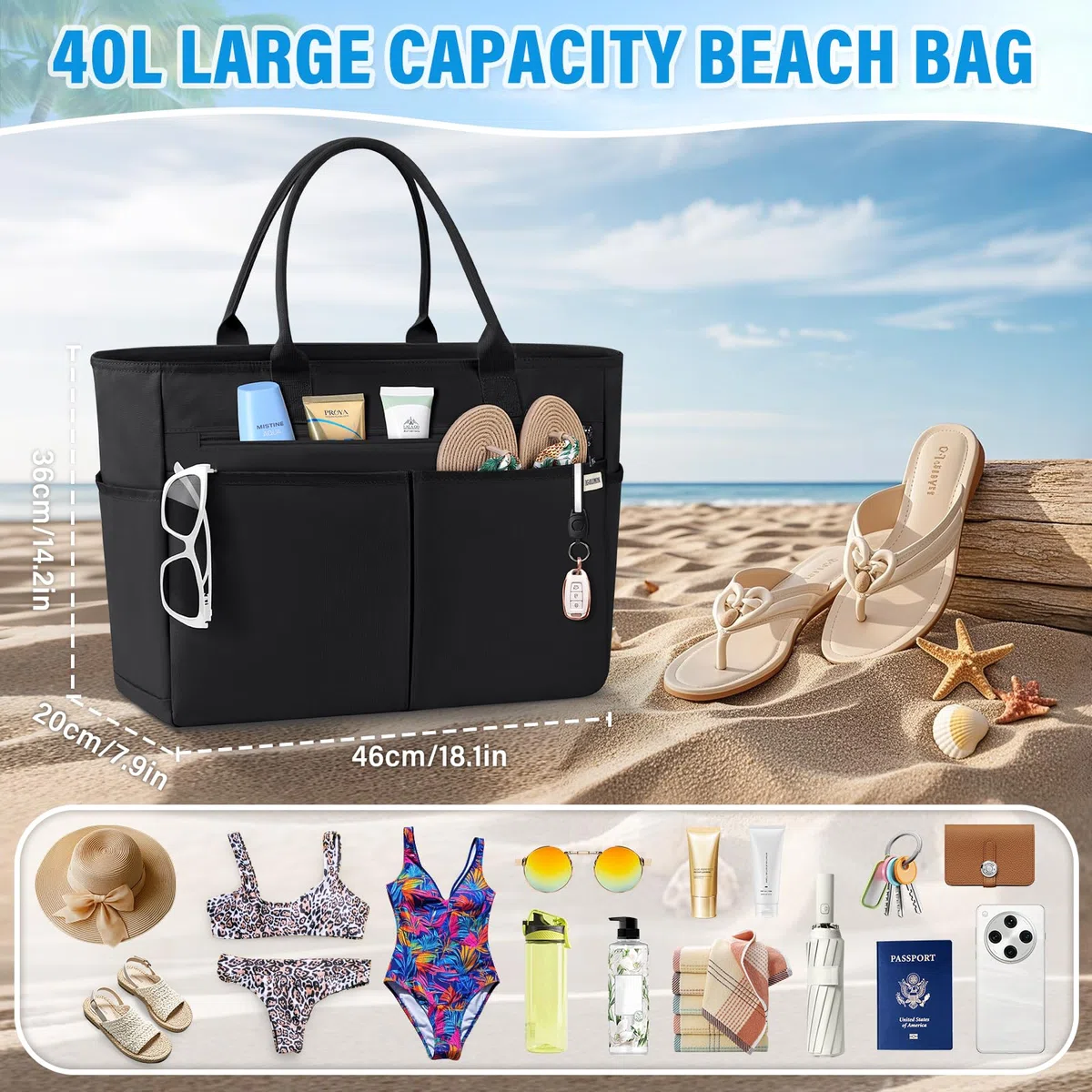 IGOLUMON Grand Sac de Plage Femme XXL 40L Sac Cabas Plage avec Fermeture Éclair Imperméable Tote Bag Pliable Grande Capacité Sac Shopping pour Plage Voyages Gym Piscine Noir