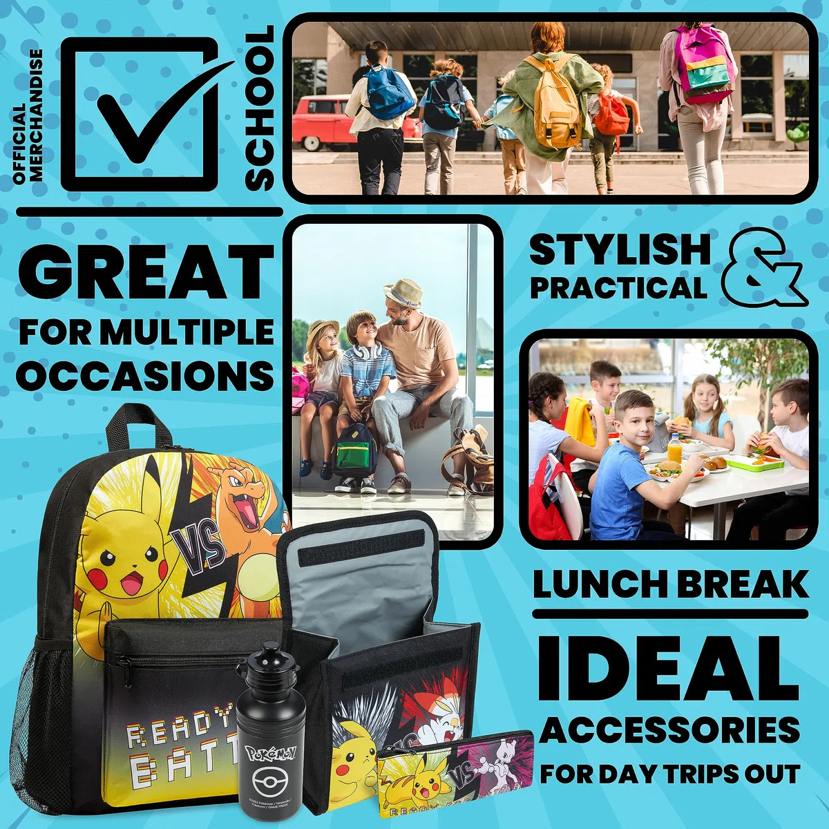 Pokémon Sacs à Dos pour Enfant Set 4 Pc Bouteille d'eau Sac a Dos Trousse Sac à Lunch Isotherme ou Portefeuille Anime Fournitures Scolaires (Noir/JauneEnsemble de 4 Pièces)
