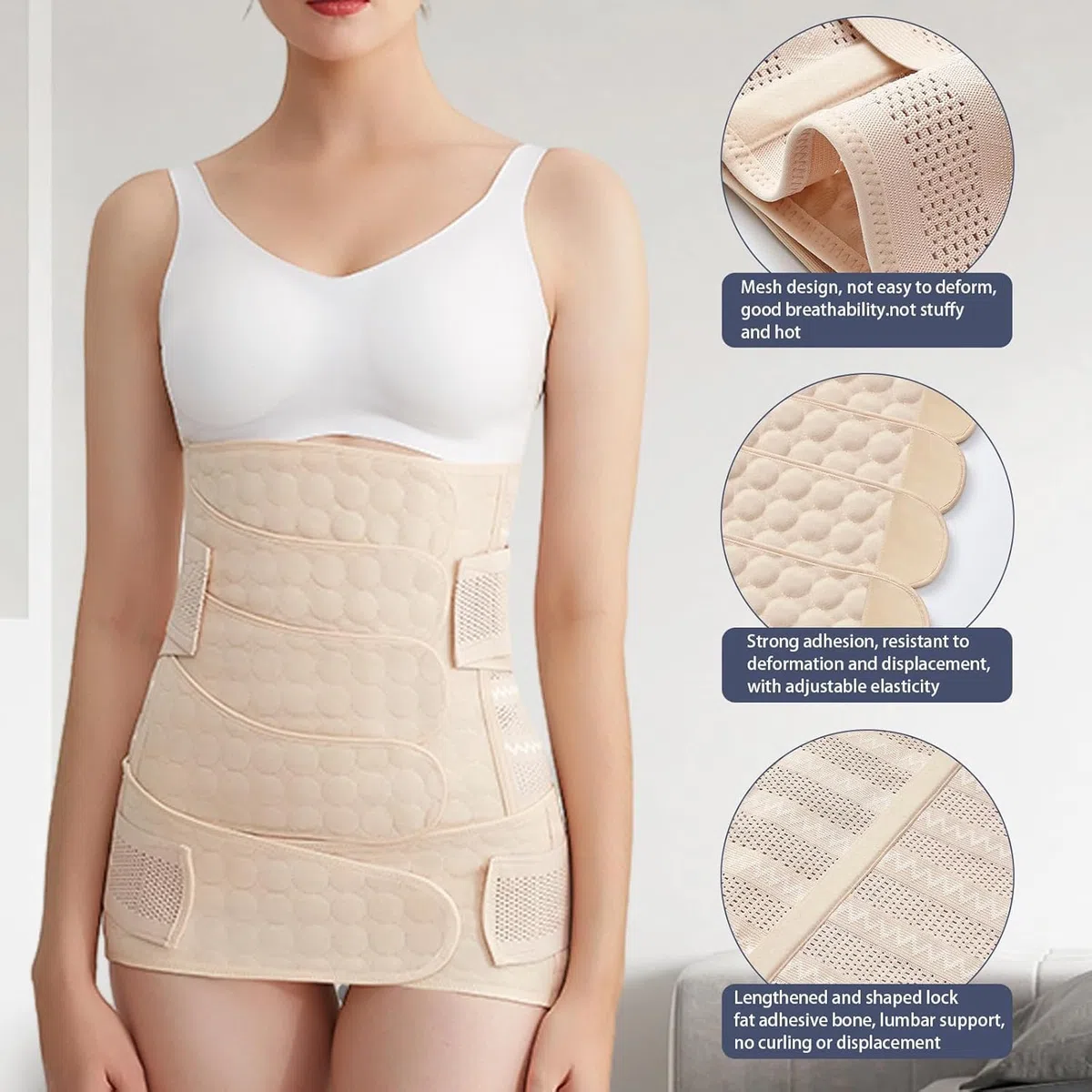4 Patch Ceinture Post Accouchement M L XL XXL, Antidérapante Non Enroulable, 3 en 1 Ceintures Femme avec Ceinture Abdominale Pelvienne Taille, Gaine Post Partum Ventre Plat, Waist Trainer