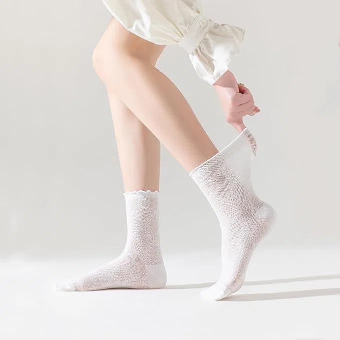 Lot de 6 paires de chaussettes à volants en maille et coton pour femme - Ultra fines - Blanc
