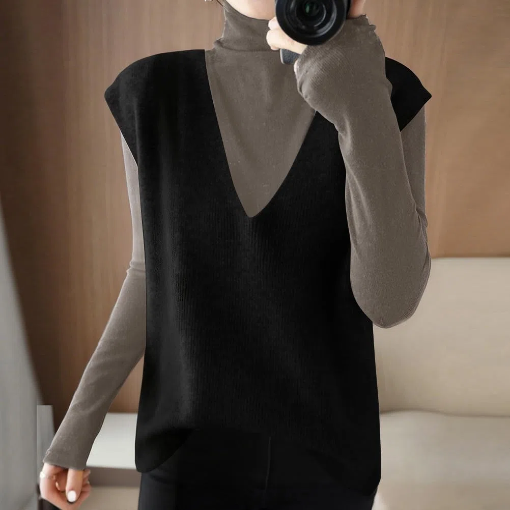 shownicer Pull sans Manches Femme Chic Et Elegant Col en V Gilet en Tricot Décontracté Couleur Unie Débardeur