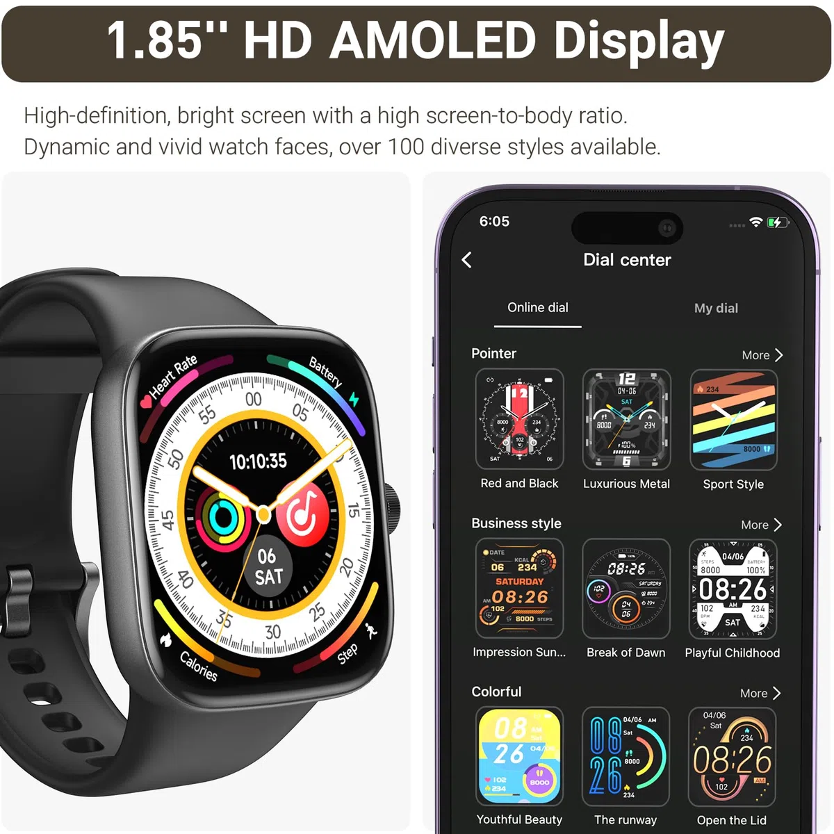 TOZO S7 Montre Connectée Femme Homme avec 1.85" AMOLED Écran Résolution 390x450 PPI Smartwatch avec Bluetooth Appel et Message Multiples Fonctions de Santé et Vie 100+ Modes Sportifs IP68 Noir