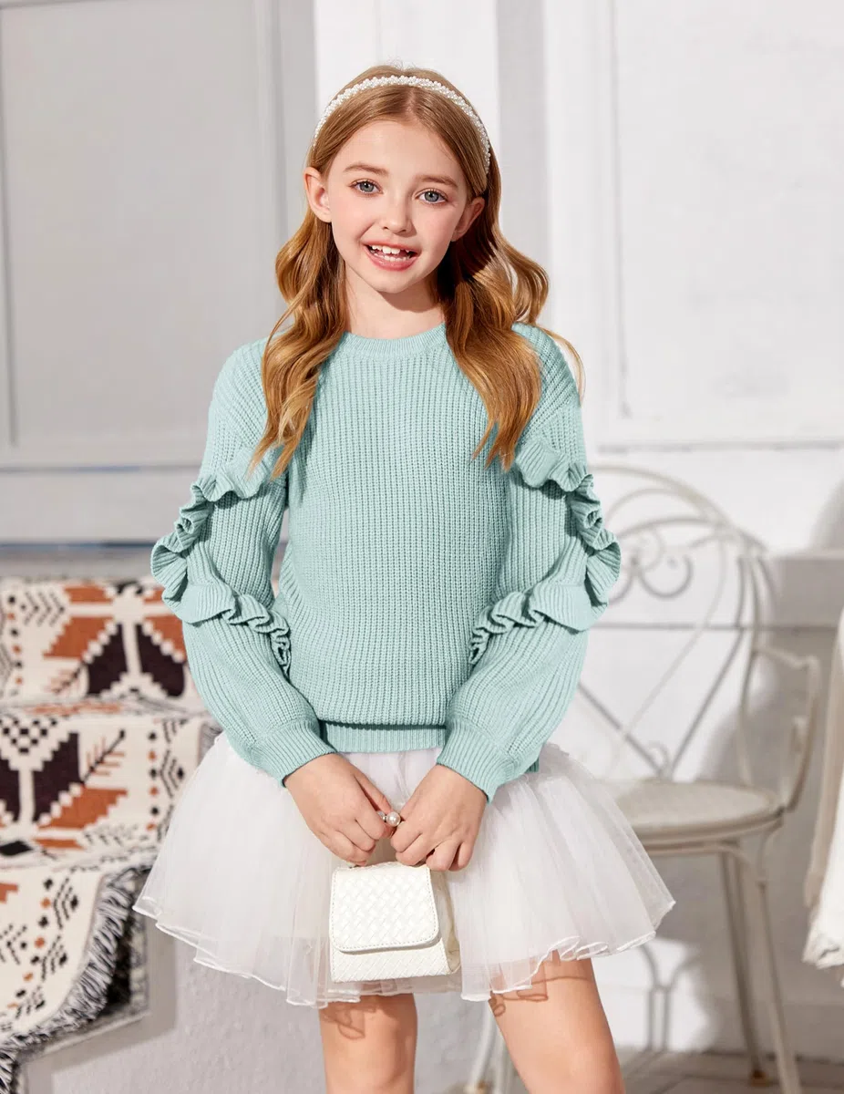 Arshiner Filles Pull Manches Lanterne Enfants Chaud en Tricot Manche Longue Col Rond Hiver Pulls pour Fille 7-14 Ans