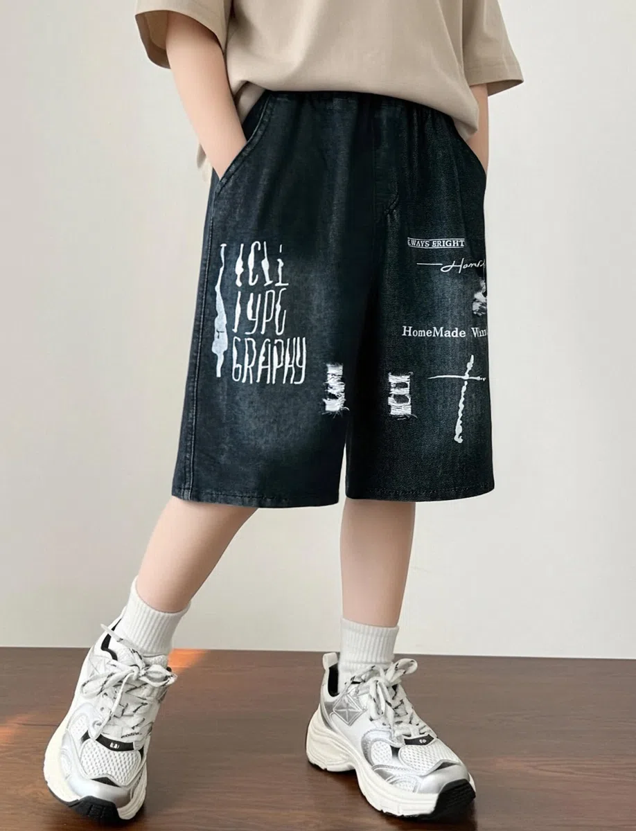 Happy Cherry Shorts Jean Garçon Jorts Enfant Coupe Large Classique Bermuda Baggy Taille Élastique Y2K Streetwear Doux Respirant Skate École 5-15 Ans