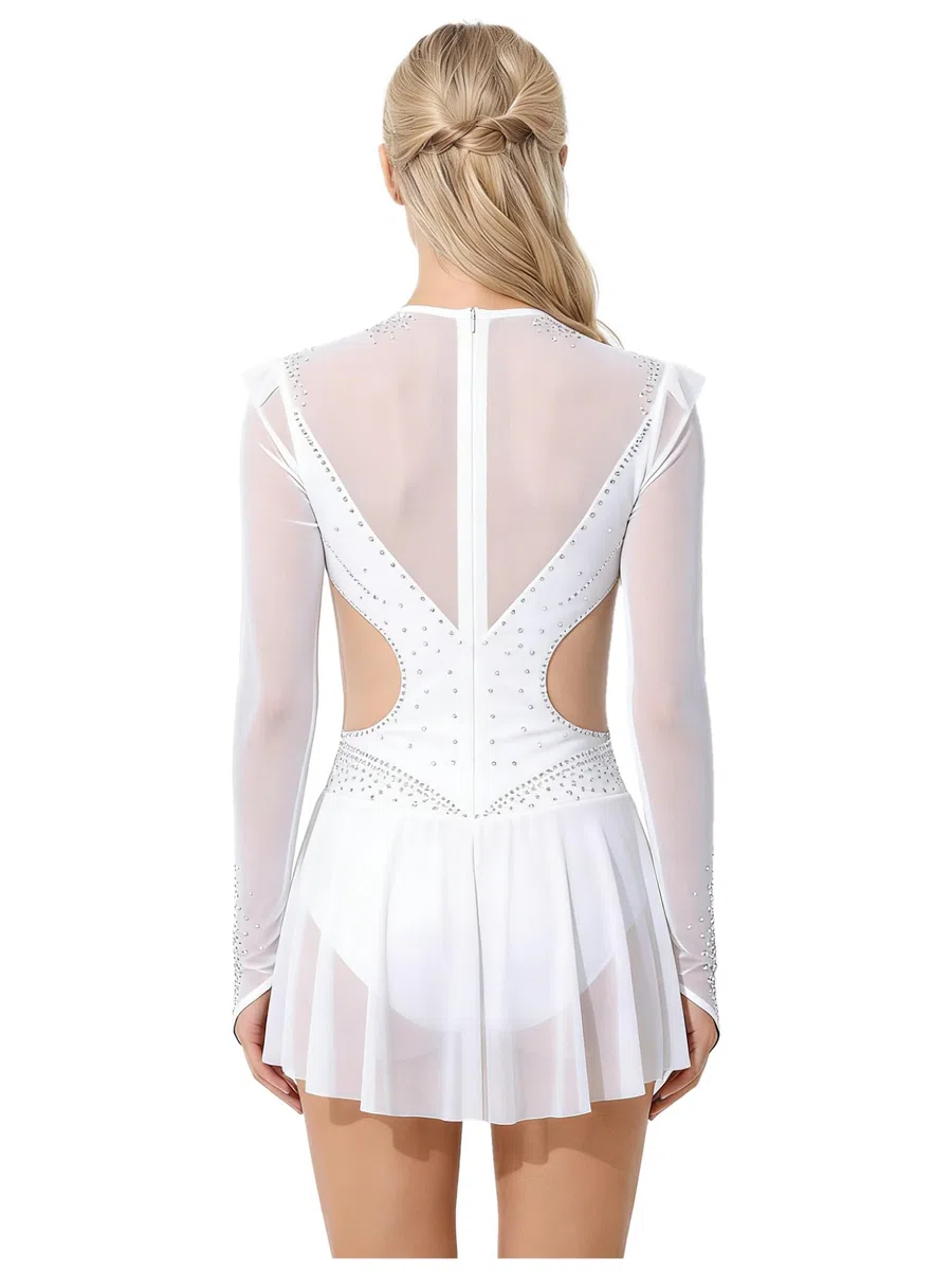 Runhomal Femme Strass Robe Patinage Artistique Adulte Manches Longues Justaucorps Gymnastique Ballet Robe de Danse Salsa Latine Rumba Costume de Danse Lyrique S-XXL