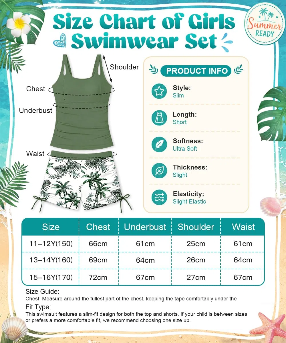 Maillots de Bain Filles, Tankini Fille 2 Pièces Top uni avec Rembourrage Amovible Et Short Imprimé,Short de Bain Swimwear 11-16 Ans