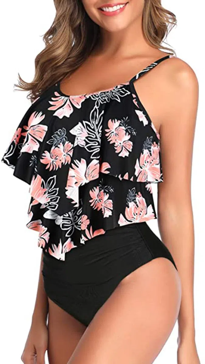 Genfien Maillot de Bain Deux Pièces pour Femme Haut à Volants et Bas Taille Haute Push Up Bikini Taille Haute Vintage Bikini Ensemble