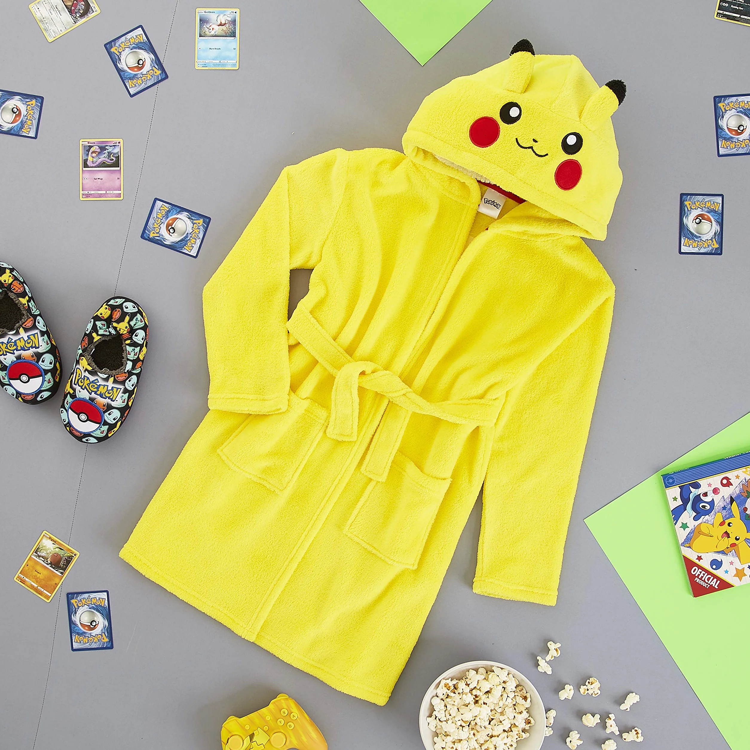 Pokémon Robe De Chambre Enfant De Pikachu, Peignoir Garçon Ou Fille en Polaire Douce avec Capuche Taille 4-14 Ans