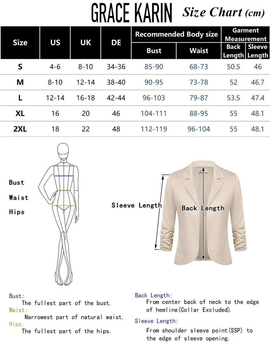 GRACE KARIN Blazer Élégant Col Revers Devant Ouvert Manches 3/4 Chic Mode pour Femme au Bureau