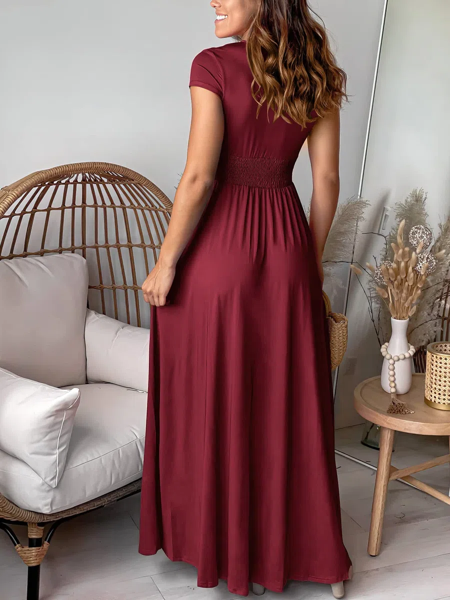 Robe Longue Femme Ete Robe de Plage Manches Courtes Robe D'été Casual col en V Taille Haute Robe Cocktail Demoiselle d'honneur Mariage Fête Aniversaire