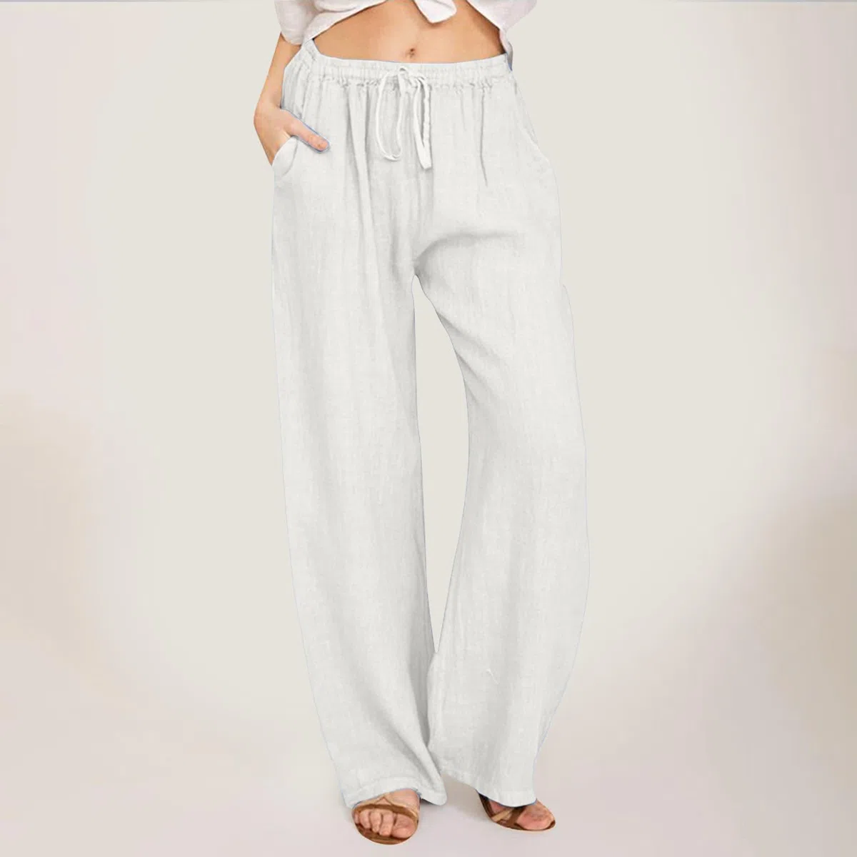 2026 Pantalon Fluide Femme Été Pantalon Lin Femme Lin Pantalons Chic et Elegant Décontractés Léger Respirant Ample Large Femmes Vetement Mode Tendance Pants avec Poches Taille Elastique Ete Leger