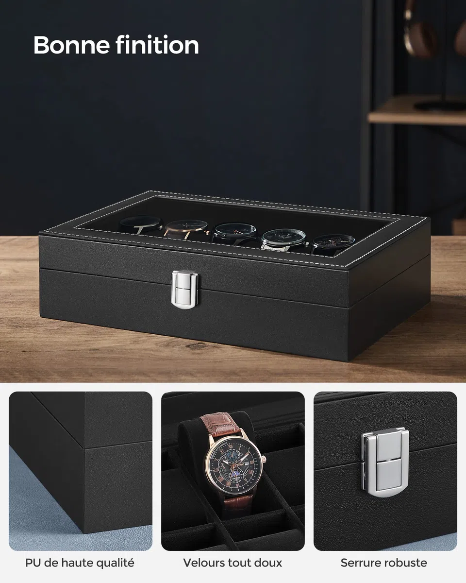 SONGMICS Boîte à Montres, 12 Emplacements, Coffret à Montres, Écrin, Couvercle en Verre, Coussinets Amovibles, Serrure en Métal, Revêtement en Noir et Doublure en Noir JWB12B