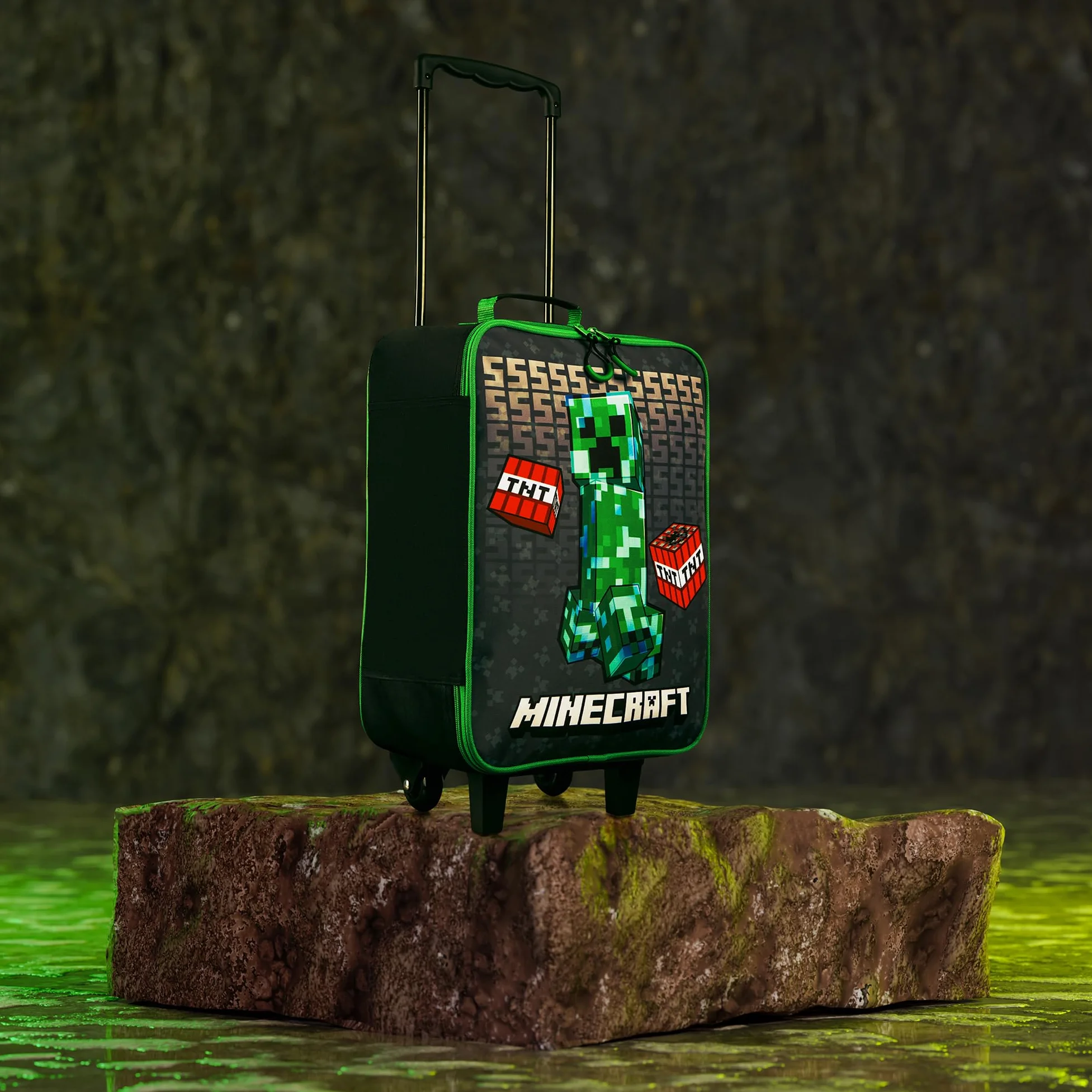 Minecraft Valise Enfant Garcon Sac Trolley Creeper Valise Pliable avec Roulette Bagages Enfant pour Voyage Vacances École, 40x30x14cm, 15L (S, L46cm x W30cm - 17L, Noir)