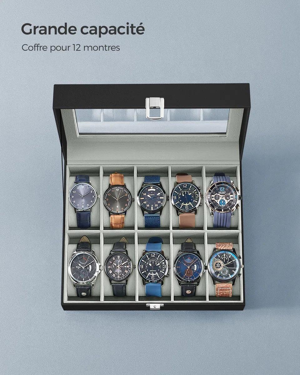 SONGMICS Boîte à Montres à 10 Emplacements, Coffret à Montres, Écrin, Couvercle en Verre, Coussinets Amovibles, Serrure en Métal, Revêtement en Noir et Doublure en Gris Verdâtre JWB010BK