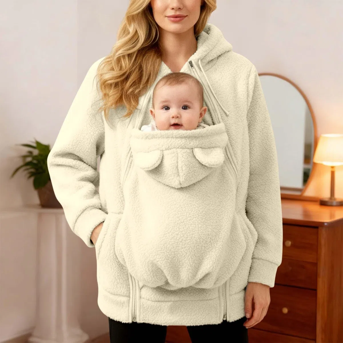 Générique Veste de maternité d'hiver polaire avec insert amovible pour bébé, capuche et poches partagées - Manteau chaud en coton doux pour allaitement et extérieur, confortable et fonctionnel