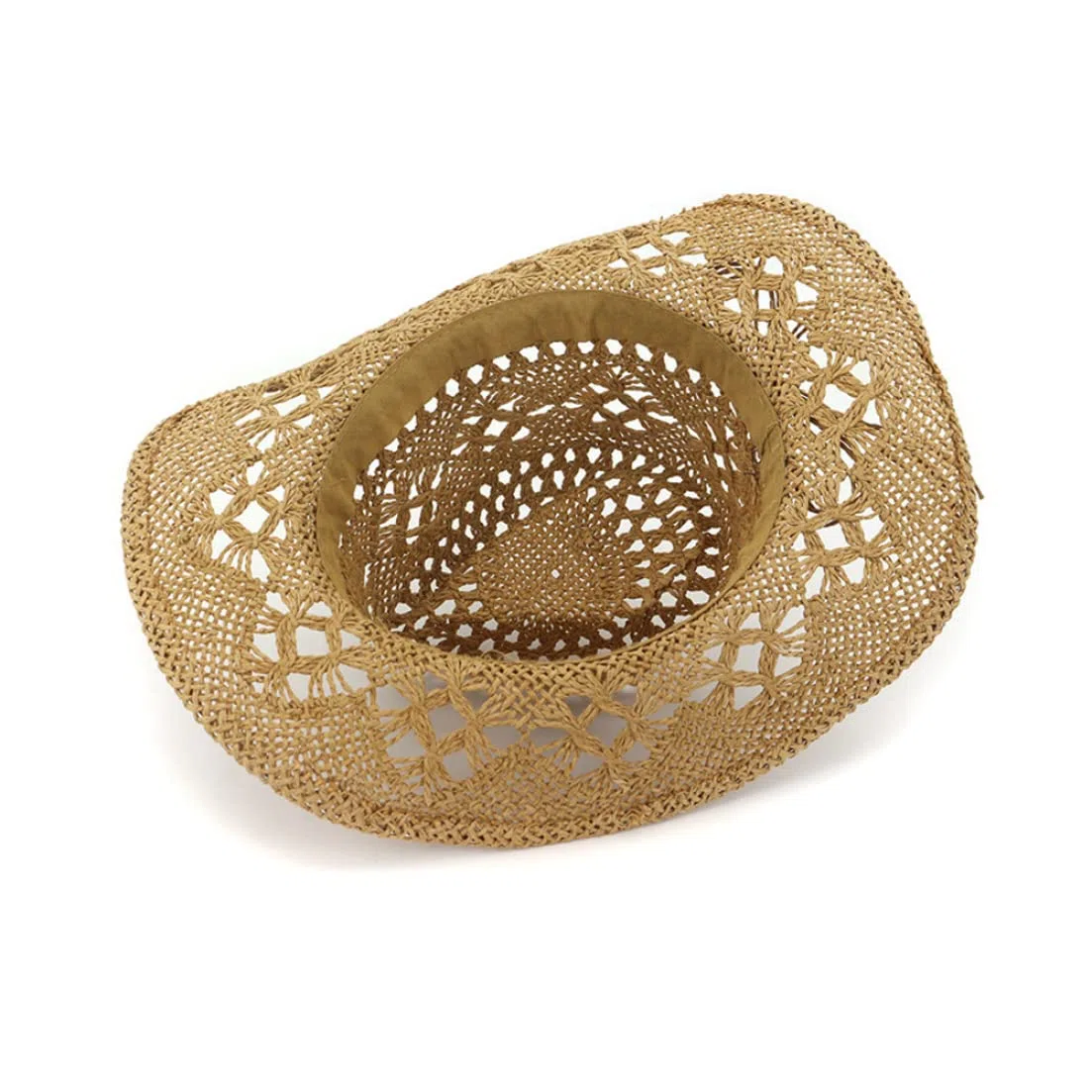 Chapeau de Cowgirl Marron, Chapeau de Cowboy en Paille Unisexe Tricoté à la Main Respirant Western Cowgirl Design Creux à Large Bord Soleil pour L'été en Plein Air Fête Plage Femmes Hommes, Tan Co
