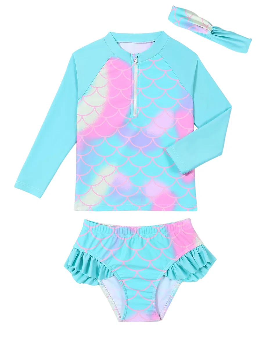Maillot de Bain à Manches Longues pour Filles Maillot de Bain à Volants Protection Solaire UV Maillot de Bain 2 pièces pour l'été 3-10 Ans