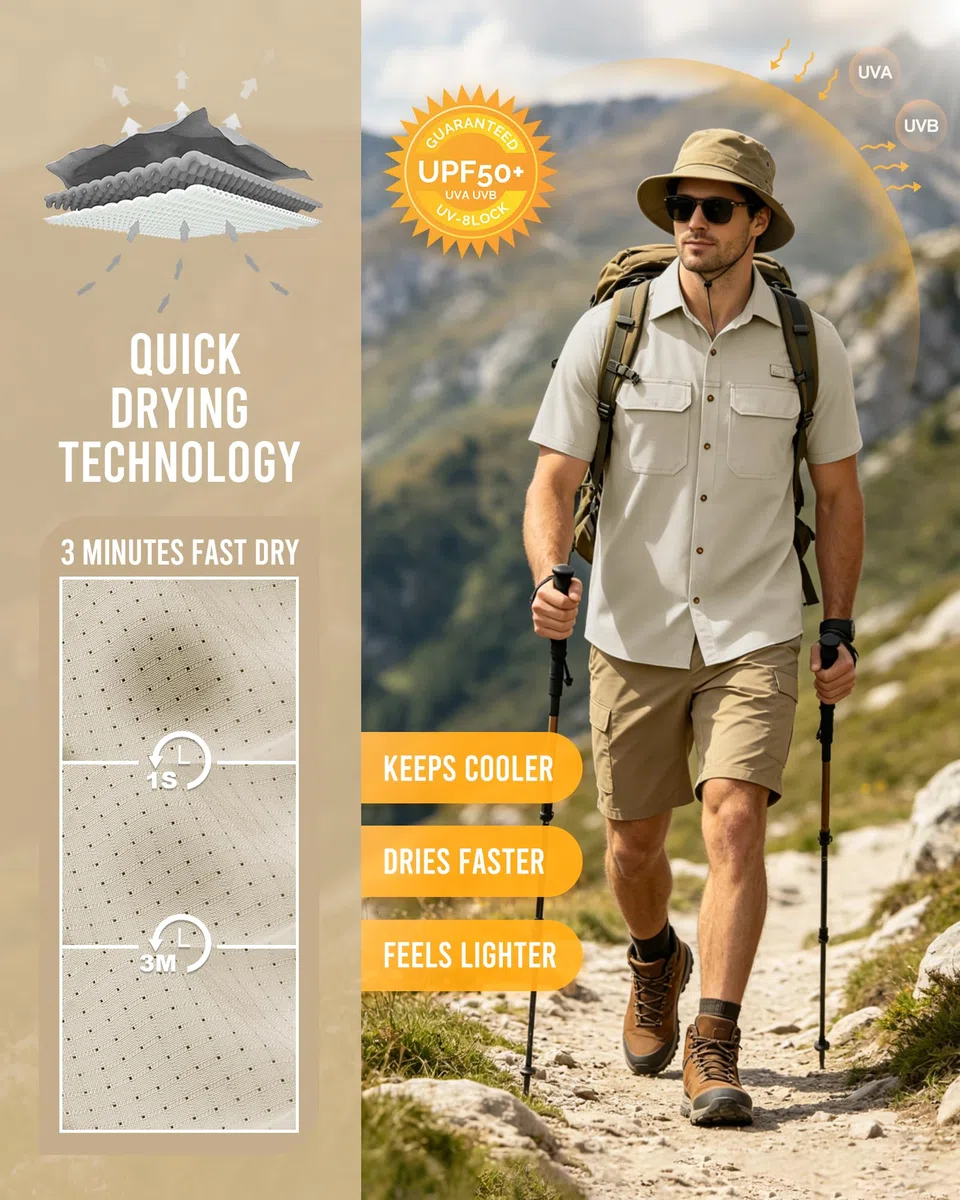 33,000ft Chemise à manches courtes pour homme - Protection UV UPF50+ - Séchage rapide - Pour les loisirs, la randonnée, la pêche, le safari, les voyages, le golf
