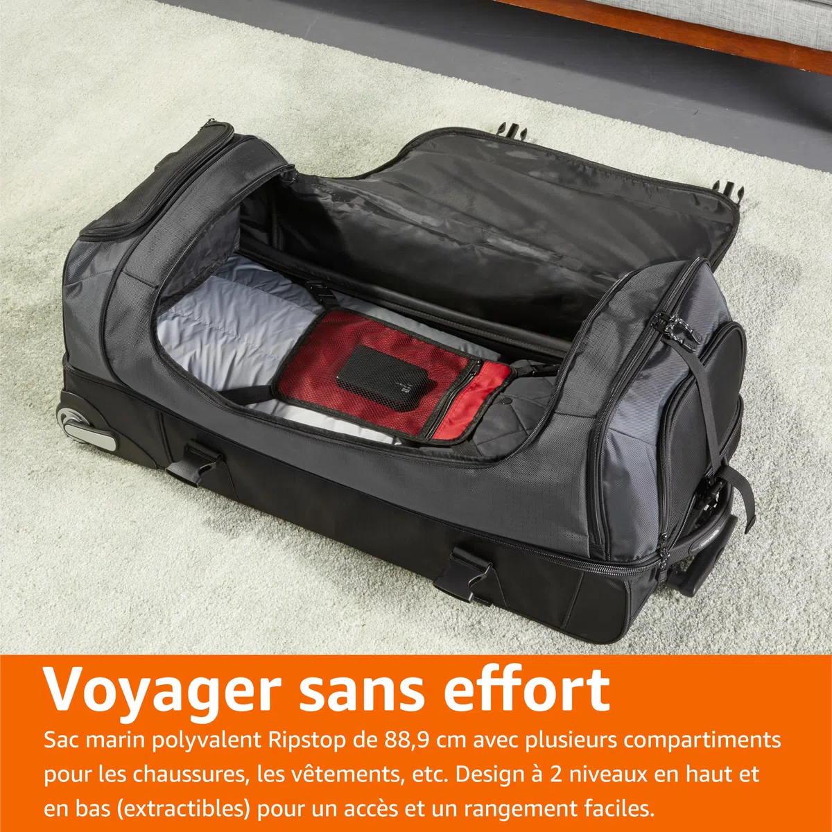 Amazon Basics Sac de Voyage à Roulettes Grand (89 cm, 137 litres),Léger et Durable en Tissu Indéchirable,Grande Capacité avec Manche Télescopique, Idéal pour les Voyages,le Travail et les Loisirs,Noir